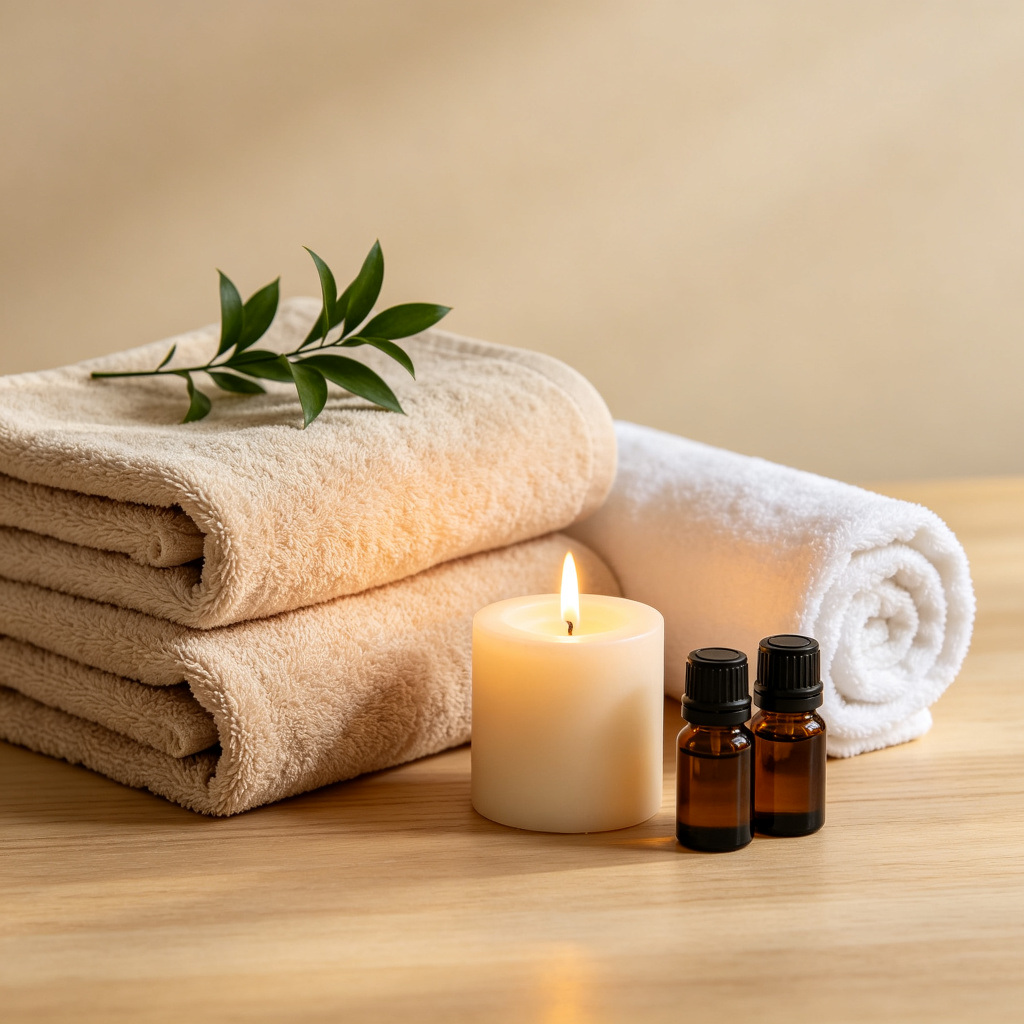 Folded towels and candle still life